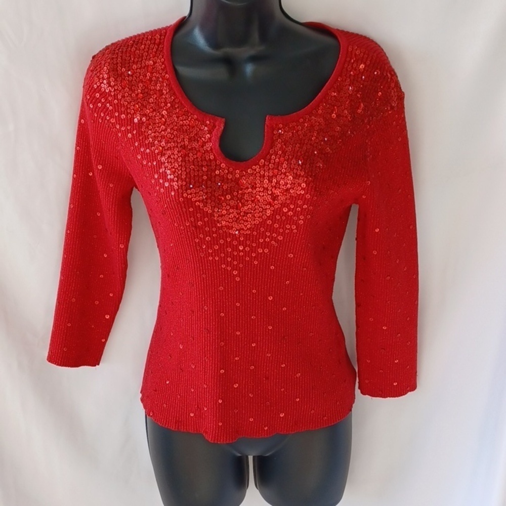Vintage CHRISTINE PHILLIPE Cotton Pullover Sequined/rhinestone Sweater, Red, M